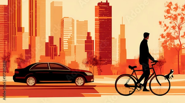 Fototapeta A vector illustration of a city, a car, a pedestrian with a dog, a cyclist, in orange, red, black, and brown on a beige background