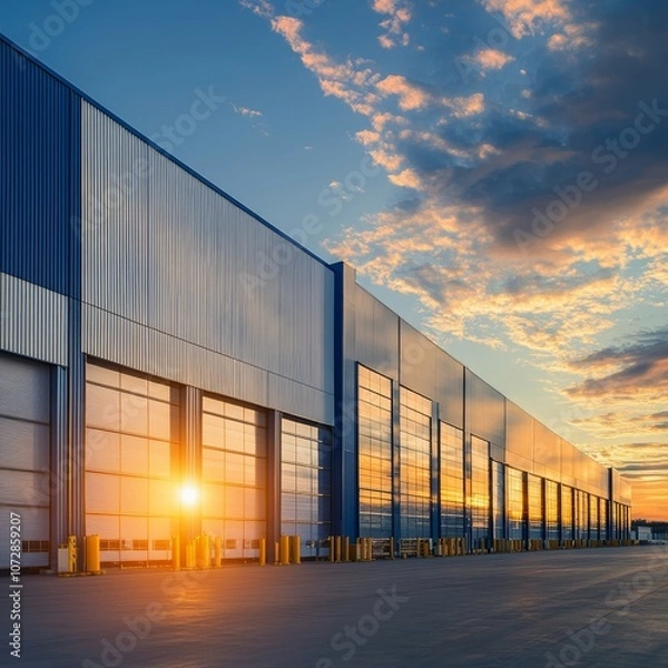 Fototapeta Modern logistics warehouse building structure. Big modern building for storage or logistics centre. Blue sky in the background.