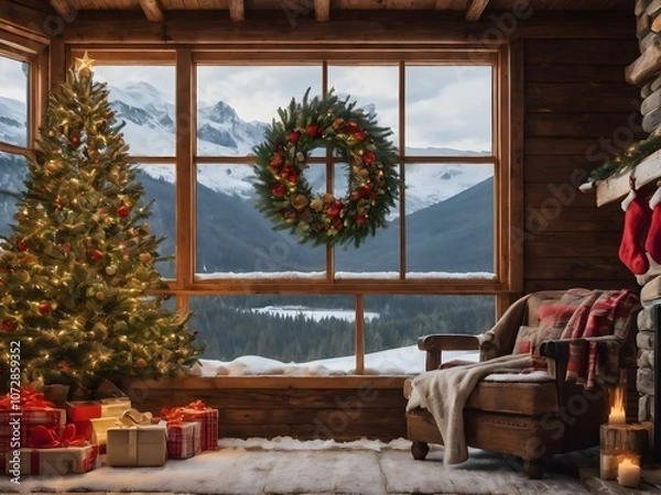 Fototapeta Rustic wooden cabin decorated with Christmas wreaths, stockings by the fire, and a snow-covered view from the window.