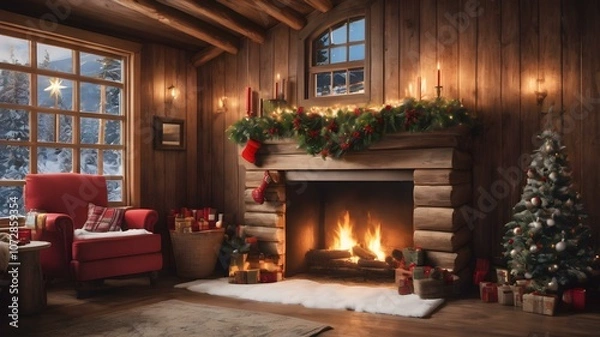 Fototapeta Rustic wooden cabin decorated with Christmas wreaths, stockings by the fire, and a snow-covered view from the window.
