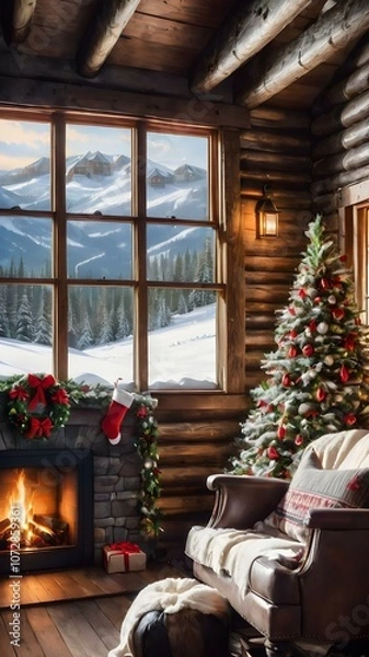Fototapeta Rustic wooden cabin decorated with Christmas wreaths, stockings by the fire, and a snow-covered view from the window.