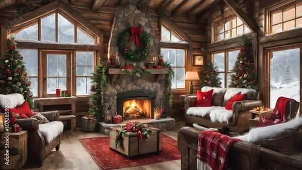 Fototapeta Rustic wooden cabin decorated with Christmas wreaths, stockings by the fire, and a snow-covered view from the window.