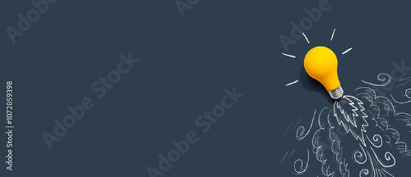 Obraz Idea light bulb flying to the sky like a rocket - Flat lay