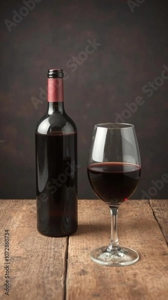 Fototapeta Red wine bottle and glass on a rustic wooden table with a dark background, glassware, wine