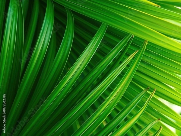 Fototapeta Close-up image of a lush, flawless green palm leaf background, vibrant, tropical forest, pattern