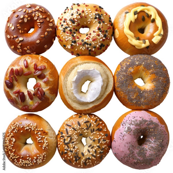 Fototapeta Assorted bagel collection, seeds and toppings, vibrant flavorsuppliction Isolated on white background or PNG