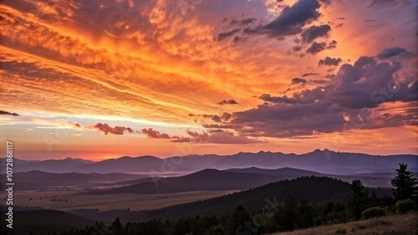 Fototapeta A vibrant orange and purple sunset sky fills the frame with a breathtaking panorama of mountains in the distance, serene atmosphere, panoramic sunset sky, vast landscape, panoramic views, warm tones