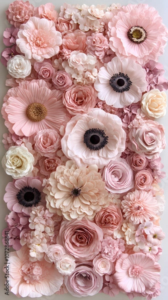 Fototapeta Peach and light lilac tones with delicate spring flowers set against an abstract background.