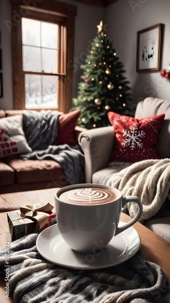 Fototapeta Cozy Christmas scene with snow falling outside, a steaming cup of hot chocolate, and a festive throw blanket on the couch.