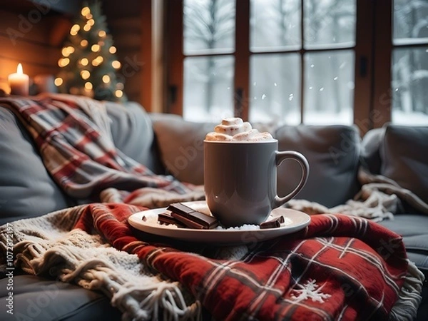 Fototapeta Cozy Christmas scene with snow falling outside, a steaming cup of hot chocolate, and a festive throw blanket on the couch.