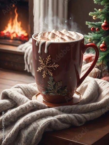 Fototapeta Cozy Christmas scene with snow falling outside, a steaming cup of hot chocolate, and a festive throw blanket on the couch.