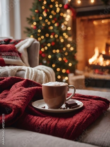Fototapeta Cozy Christmas scene with snow falling outside, a steaming cup of hot chocolate, and a festive throw blanket on the couch.