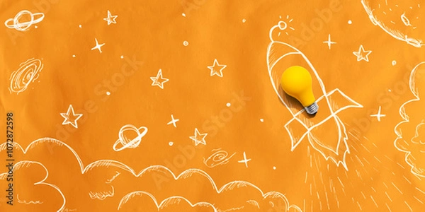 Obraz Idea light bulb rocket flying to the sky - Flat lay