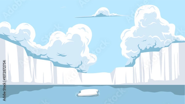 Fototapeta landscape background with illustration of a large ice wall with clouds and sea