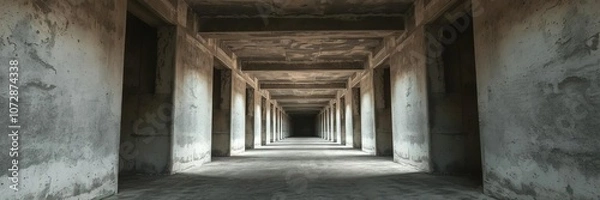 Fototapeta Long, desolate hallway with weathered concrete walls stretching into the distance, dark, abandoned, empty