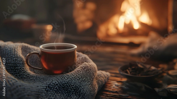 Obraz A steaming cup of tea rests on a knitted blanket in front of a cozy fireplace.