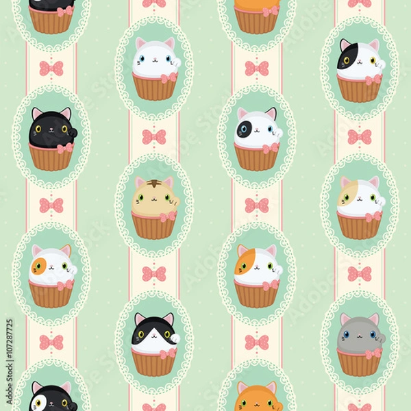 Fototapeta Cute cats in laced frames. Vector retro pattern polka dots and stripes.