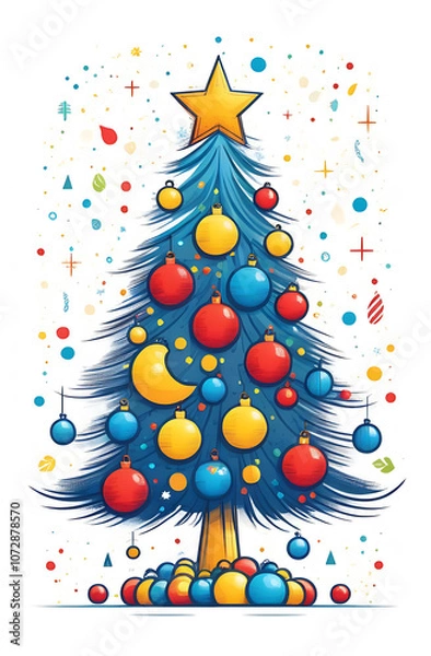 Fototapeta Christmas Tree with Colorful Balls on White Background with Star, Postcard, Banner.