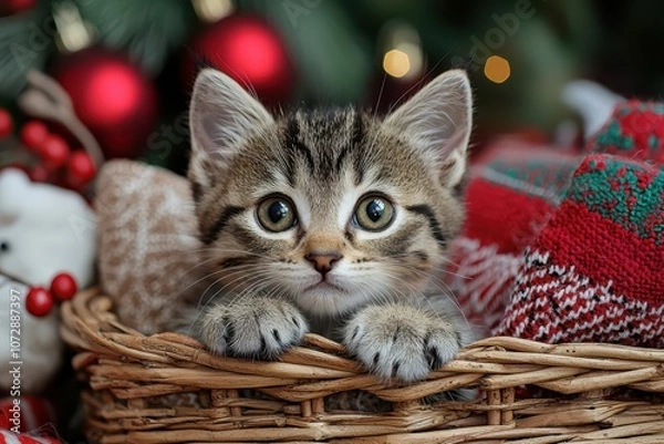 Fototapeta Close-up of an adorable kitten snuggled in a festive basket filled with holiday gifts and soft pillows, creating a cozy and heartwarming holiday scene..