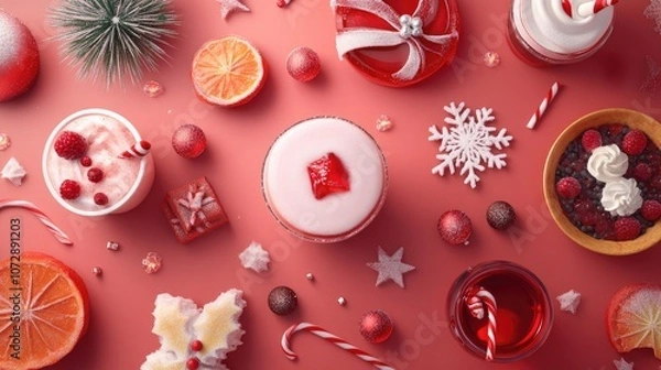 Obraz Collection of Christmas, Christmas recipes, flat design, top view, 3D render, Triadic color scheme, and deliciousdrink 
