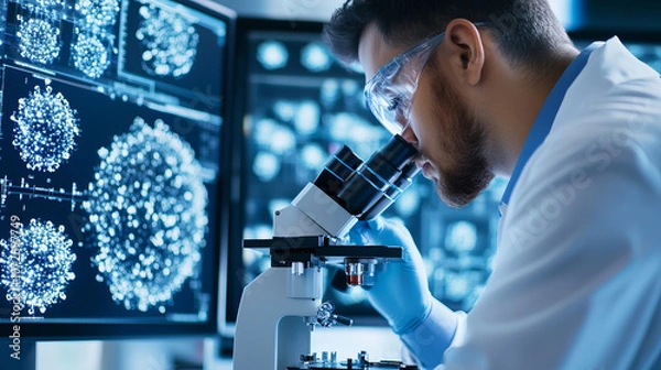 Fototapeta A scientist examines samples under microscope, surrounded by digital displays of microscopic images. focused atmosphere highlights importance of research and discovery in science
