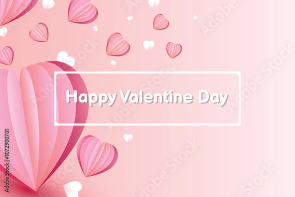Fototapeta Paper cut elements in shape of heart on rectangular frame has free space.and pink sweet background. Vector symbols of love for Happy Valentine's Day, birthday greeting card design.