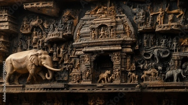 Fototapeta The intricately carved walls of the Shore Temple in Mahabalipuram, showcasing scenes from Hindu mythology against the backdrop of the ocean