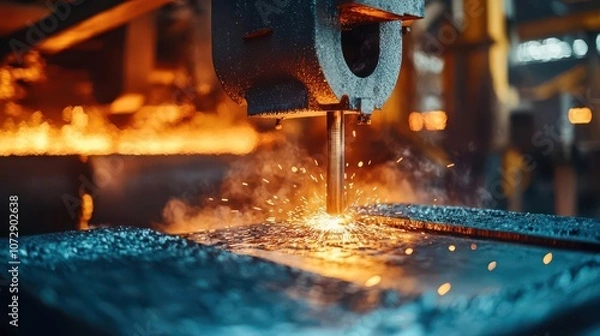 Fototapeta A close-up view of molten metal being processed in a modern industrial factory