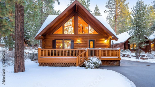 Fototapeta cozy winter cabin surrounded by snow covered pine trees, with warm light glowing from windows, creating serene and inviting atmosphere