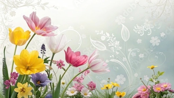 Fototapeta Vibrant spring flowers against a subtle gradient background with delicate floral patterns and gentle watercolor effects, garden, abstract