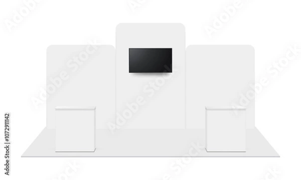 Fototapeta Blank Trade Show Display Booth With TV Monitor And Counters, Front View, Isolated On White Background. Vector Illustration