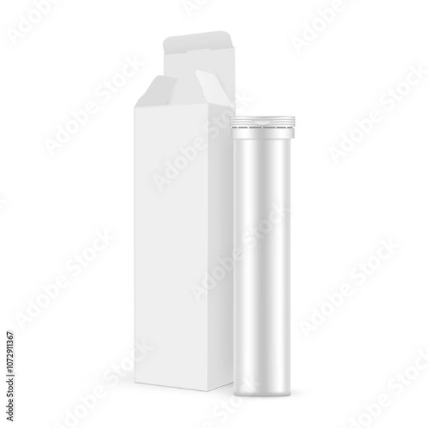 Fototapeta Opened Paper Packaging Box With Tall Effervescent Tablets Tube, Isolated On White Background. Vector Illustration