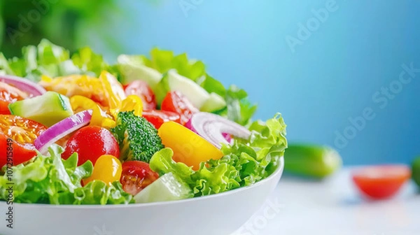 Fototapeta vibrant salad with fresh lettuce, tomatoes, cucumbers, and colorful vegetables in white bowl against blue background. healthy ingredients create refreshing and appetizing dish