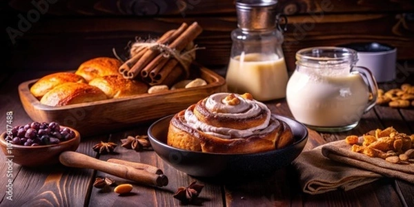 Fototapeta A Freshly Baked Cinnamon Roll with Whipped Cream, Scattered with Almonds and Star Anise, Alongside a Pitcher of Milk, a Wooden Bowl of Berries, and Cinnamon Sticks Tied with Twine.