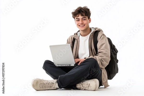 Fototapeta Happy young male college student sitting isolated at white background using laptop computer advertising elearning course, online education webinars, internet services.