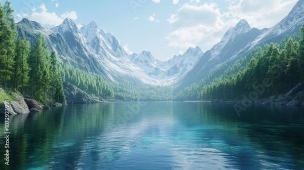 Fototapeta A peaceful lake nestled between the mountains of Mount Changbai, Jilin, China, with lush forests surrounding the crystal-clear waters and snowy peaks in the background