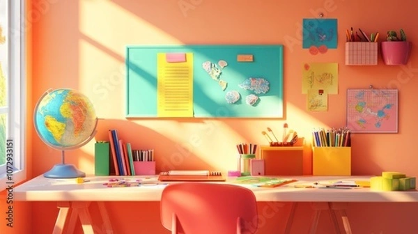 Fototapeta A bright and colorful workspace with a desk, chair, globe, and colorful supplies.