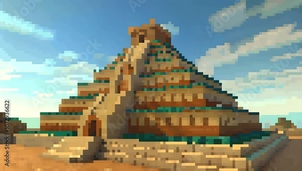 Fototapeta Ancient Babylonian ziggurat during daytime pixel art background. 8-bit game assets