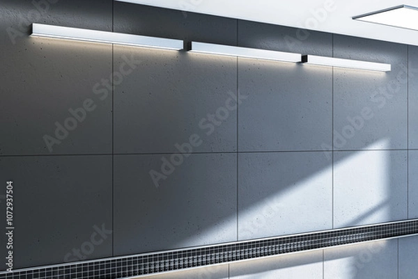 Fototapeta Modern hallway with rectangular lights on a tiled wall. 3D Rendering