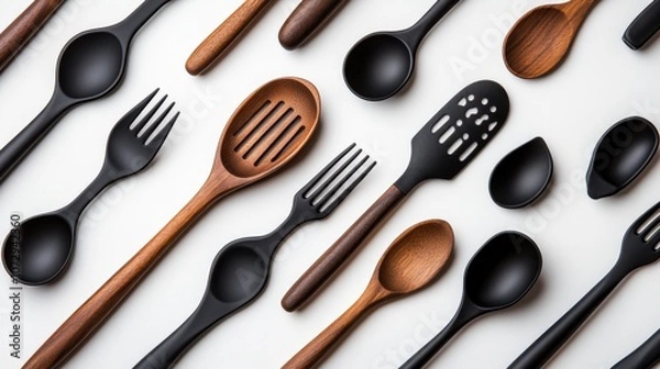 Fototapeta A stylish arrangement of various kitchen utensils showcasing elegance and functionality in modern culinary art