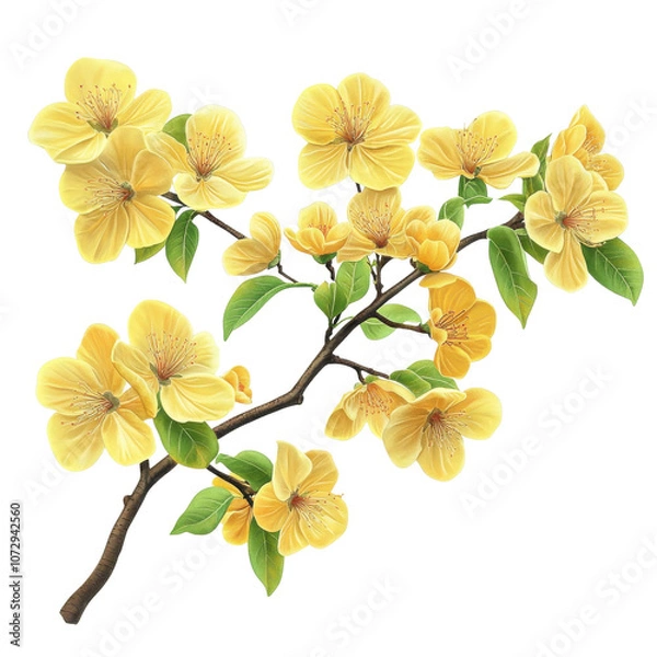 Fototapeta A beautiful branch of yellow blossoms showcasing their vibrant color and delicate petals, perfect for representing spring and natural beauty.