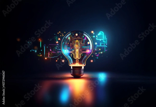 Fototapeta A glowing lightbulb with colorful abstract shapes and lines emanating from it on a dark background.