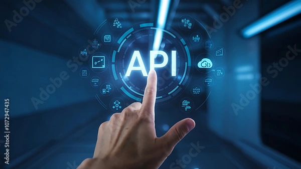 Fototapeta API application programming interface, a finger touch a hologram virtual interface that hologram of API, API integration, API development, JSON, API documentation, 