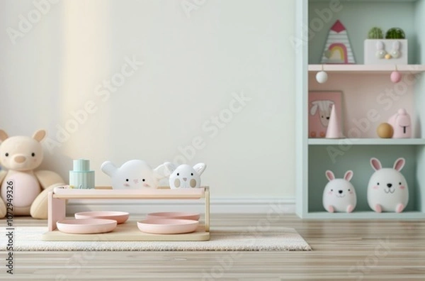 Fototapeta Cozy children's playroom with soft toys.