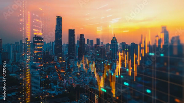 Fototapeta Abstract business team stands on the peak of success amid tall, innovative Smart city and graphs with statistics to analyze business potential and predict future developments in company growth.