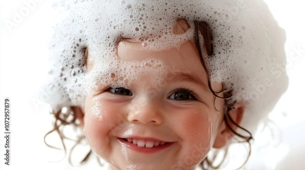 Fototapeta Baby playing with foam on head, adorable smile in bathtub, isolated on white background