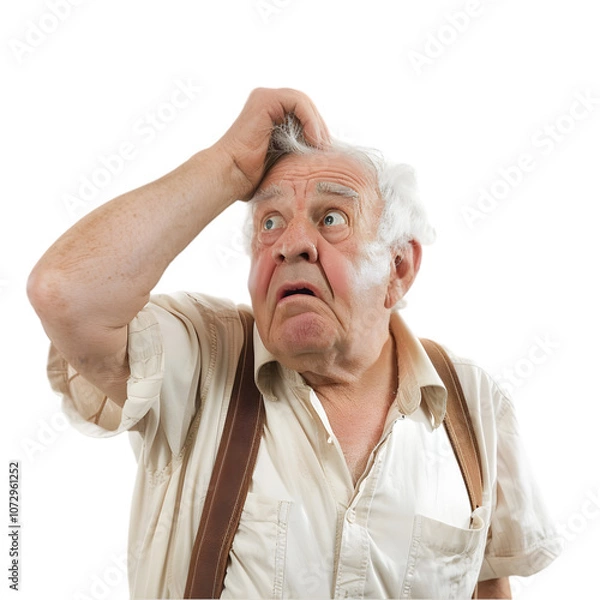 Obraz A senior man with white hair, wearing suspenders, with a puzzled expression and scratching his head, isolated on white background