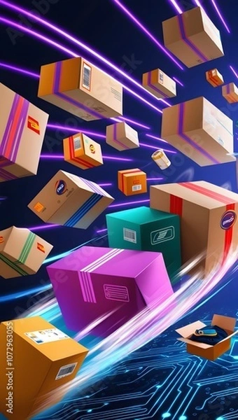Fototapeta Dynamic delivery of colorful packages racing through a futuristic digital landscape at high speed. Generative AI