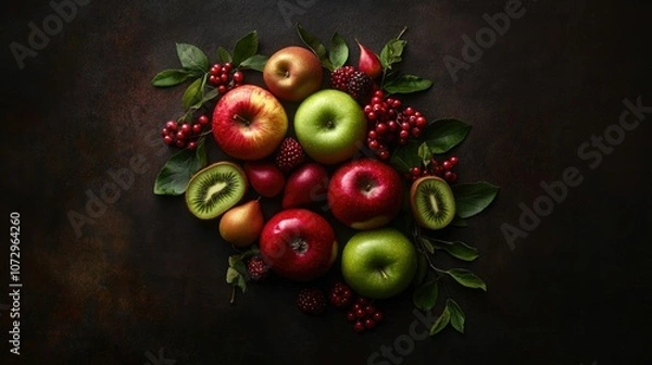 Fototapeta Top-down view of an assortment of fruits in a flat lay, showcasing apples, kiwis, and berries in a vibrant, fresh arrangement.