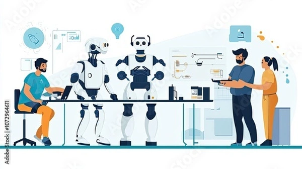 Fototapeta Human and Robot Colleagues Collaborating in a Modern Office Setting